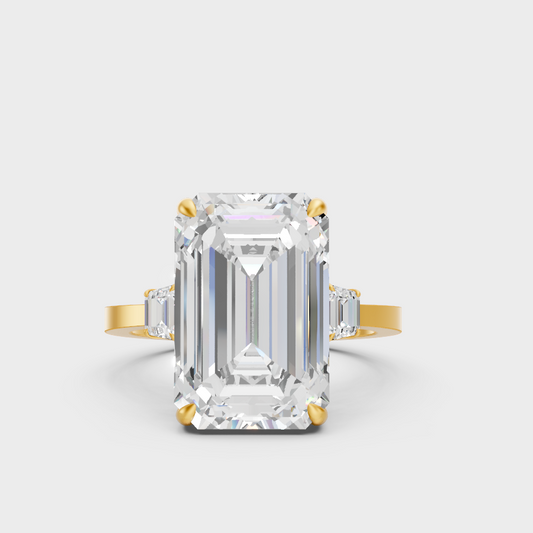 Luxury Emerald Trapezoid Diamond Three Stone Ring In Yellow Gold