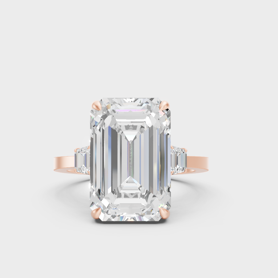 Rose Gold Emerald Lab Grown Diamond Ring With Trapezoid Side Stones