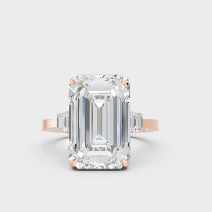 Rose Gold Emerald Lab Grown Diamond Ring With Trapezoid Side Stones