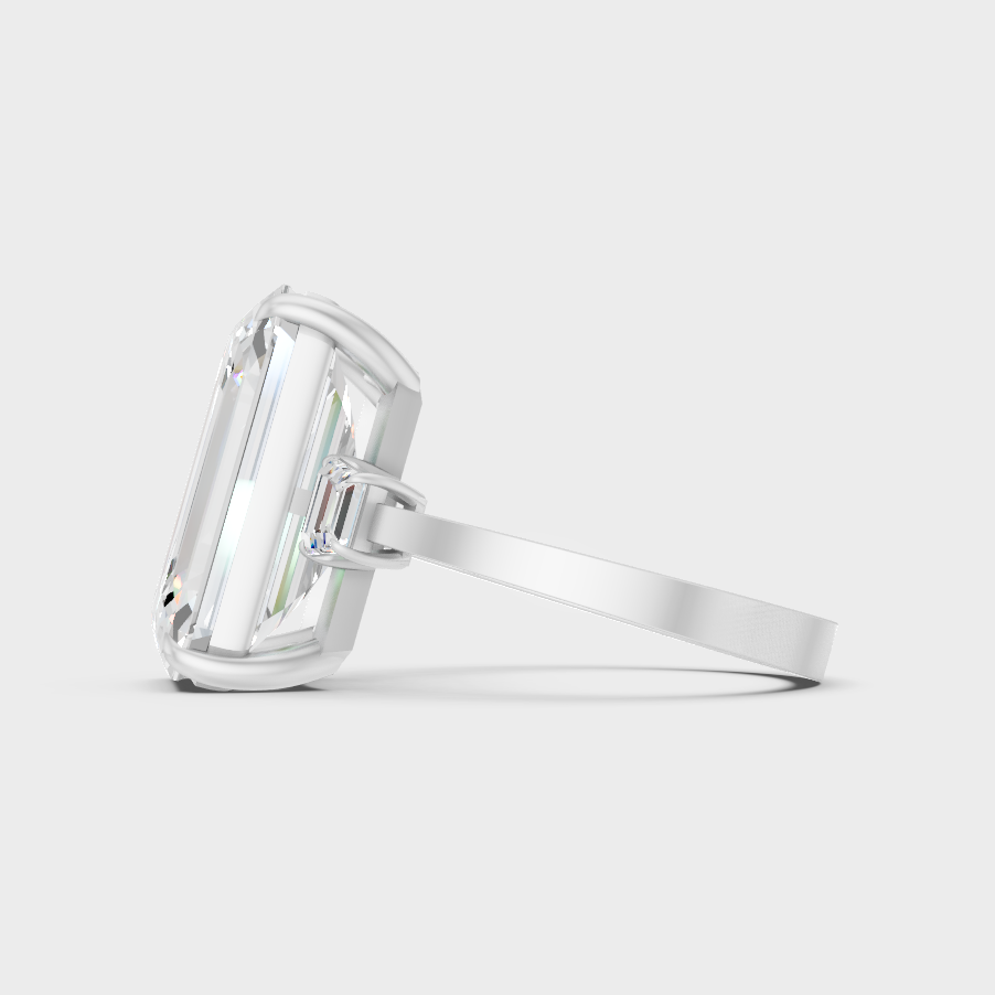 White Gold Emerald Engagement Ring With Certified Trapezoid Diamonds