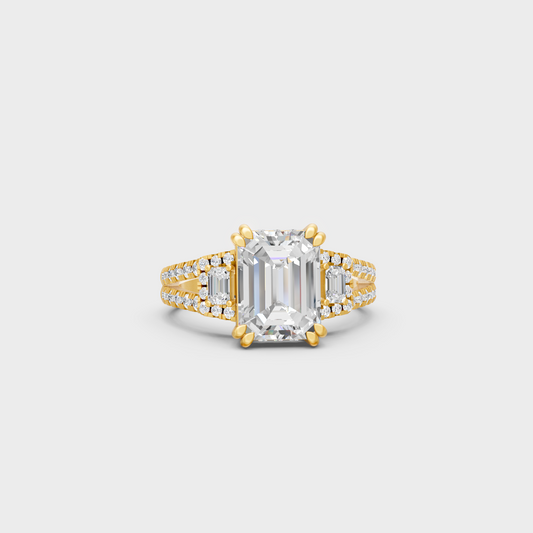 Luxury Emerald Diamond Solitaire Ring In Yellow Gold With Round Accents