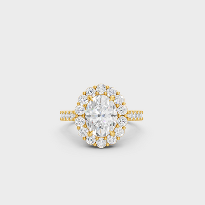 Luxury Oval Solitaire Diamond Ring In Yellow Gold With Round Accents