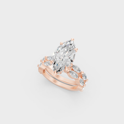Rose Gold Marquise Lab Grown Diamond Hidden Halo Ring Set Luxury Style