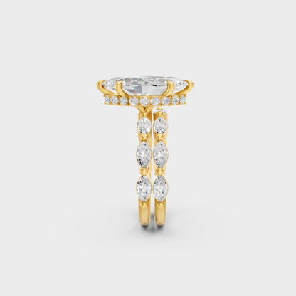 Yellow Gold Marquise Diamond Bridal Ring Set With Round Accent Stones