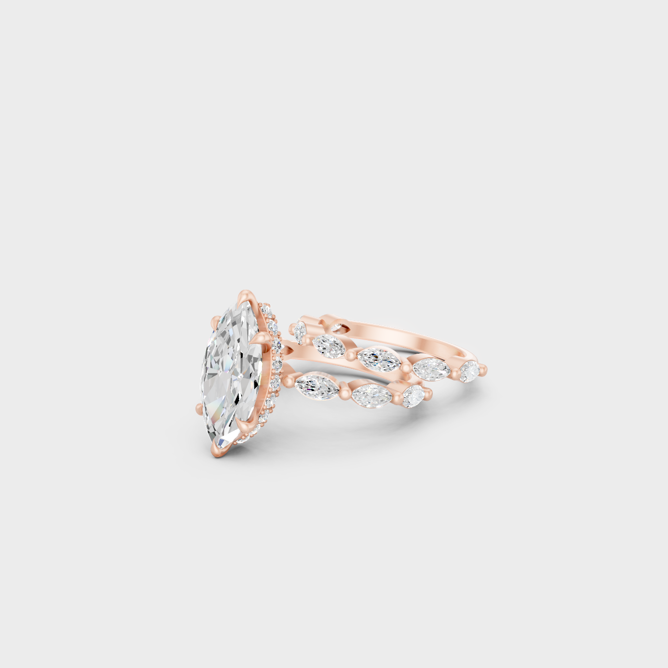 Marquise Cut Lab Diamond Hidden Halo Ring Set In Rose Gold Elegant Design