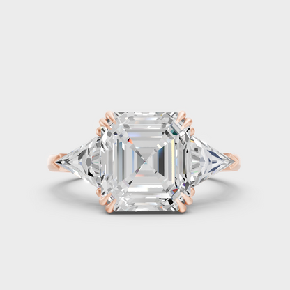 Rose Gold Square Emerald Lab Grown Diamond Three Stone Ring Luxury Style