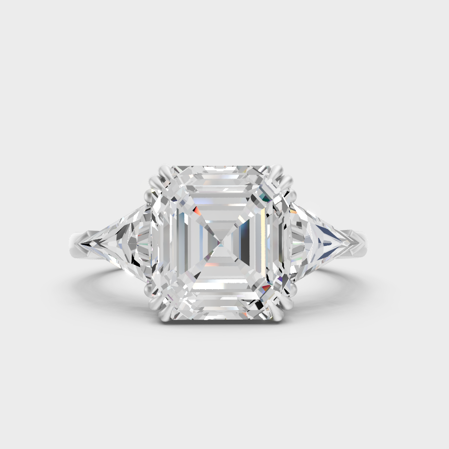 White Gold Square Emerald Engagement Ring With Triangle Side Diamonds