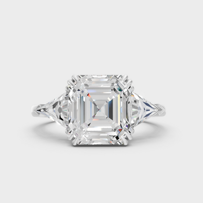 White Gold Square Emerald Engagement Ring With Triangle Side Diamonds