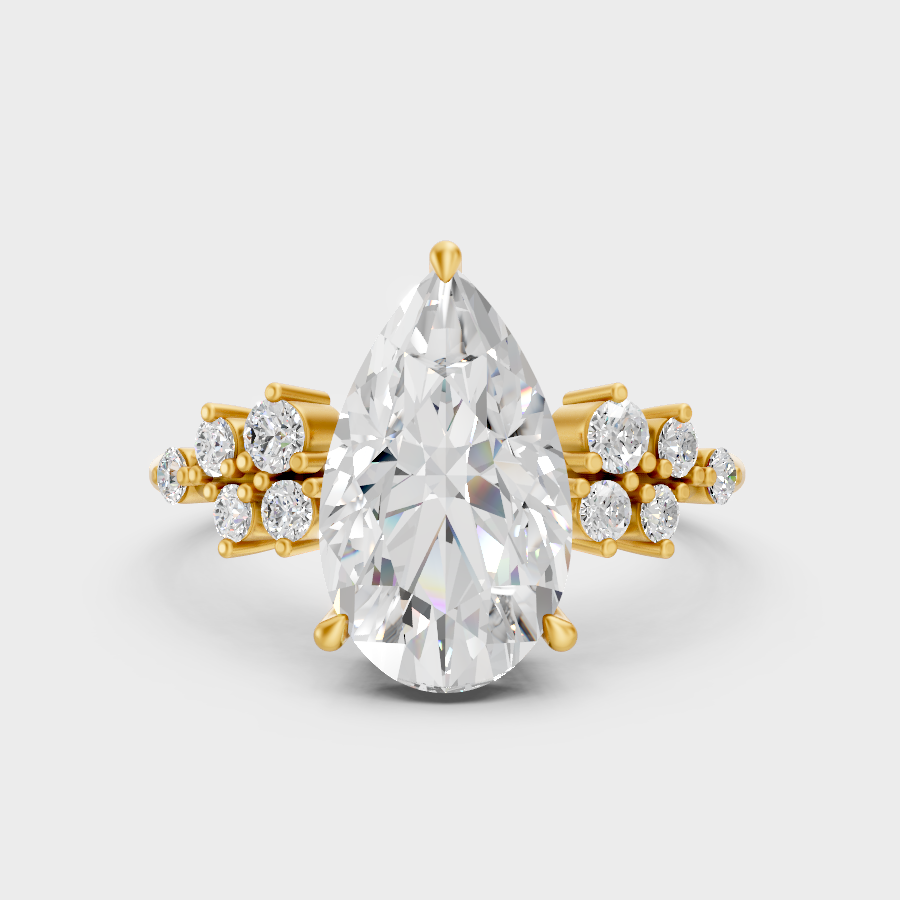 Luxury Pear Diamond Solitaire Ring In Yellow Gold With Round Accents