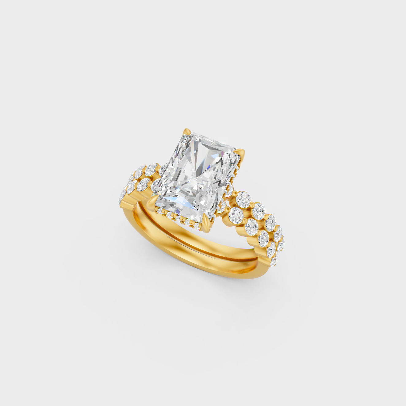 Luxury Radiant Diamond Ring Set In Yellow Gold With Round Accent Sparkle