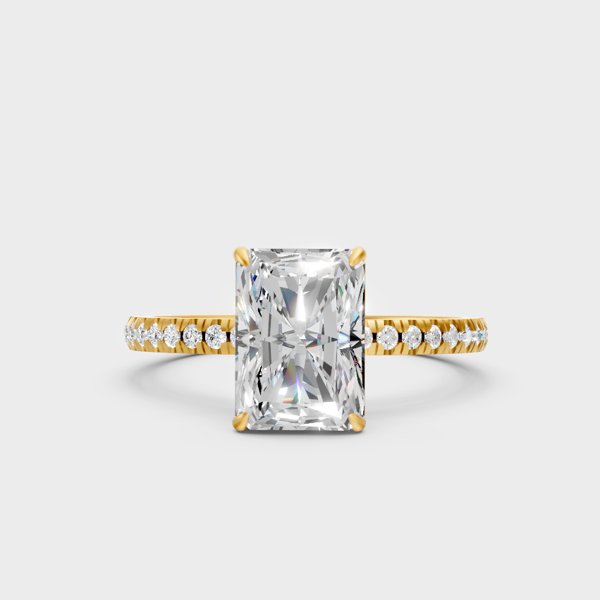 Luxury Radiant Diamond Solitaire Ring In Yellow Gold With Round Accents