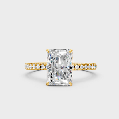 Luxury Radiant Diamond Solitaire Ring In Yellow Gold With Round Accents