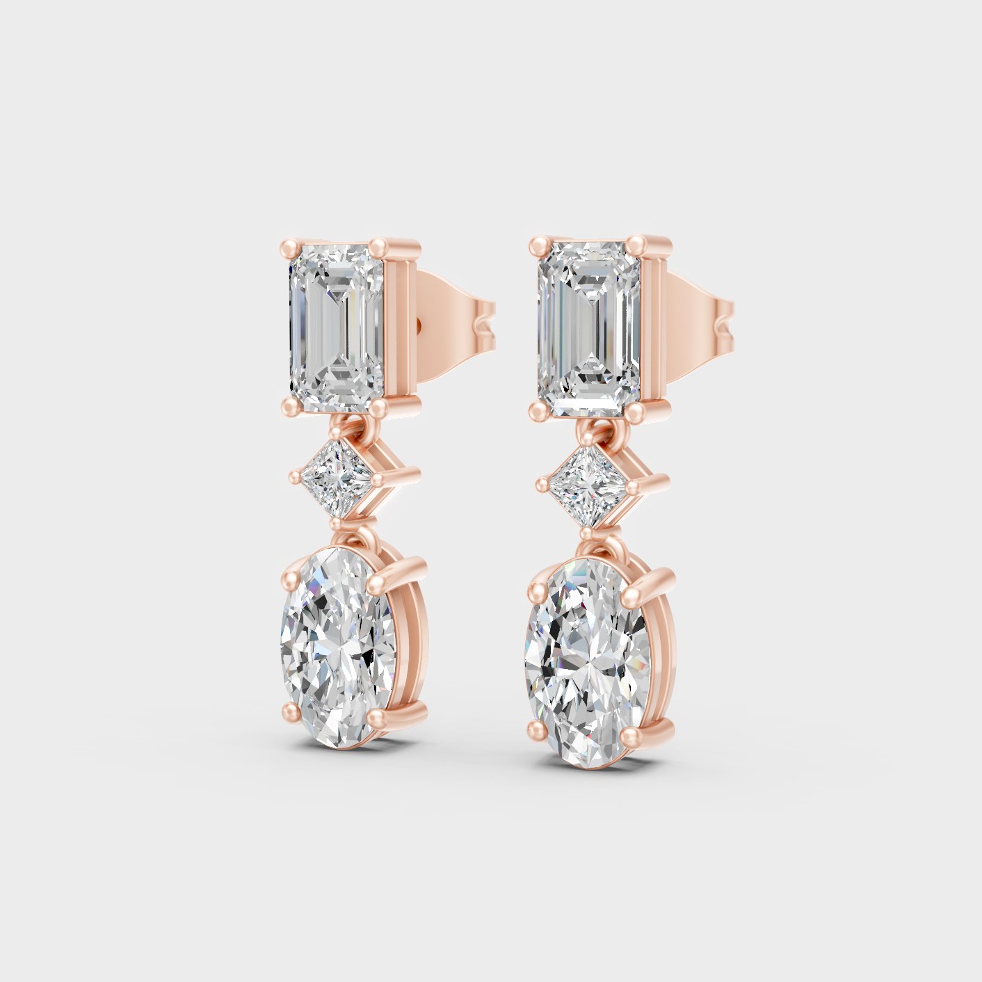 Rose Gold Multi Shape Diamond Dangler Earrings 1.56 Ct Each Ethical Lab Grown Jewelry