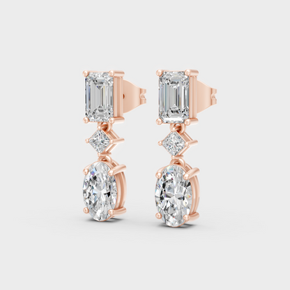 Rose Gold Multi Shape Diamond Dangler Earrings 1.56 Ct Each Ethical Lab Grown Jewelry