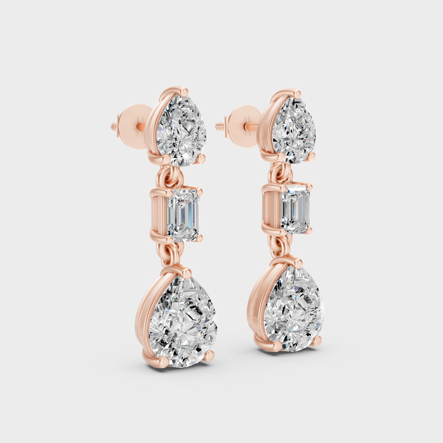 Rose Gold Emerald Pear Diamond Dangler Earrings 2.80 Ct Each Ethical Lab Grown Jewelry