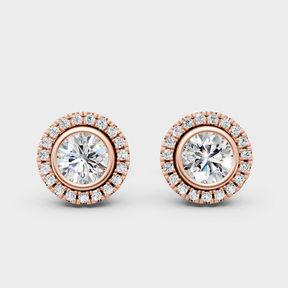 0.595 Carat Each Lab-Grown Round Halo Diamond Stud Earrings In Rose Gold