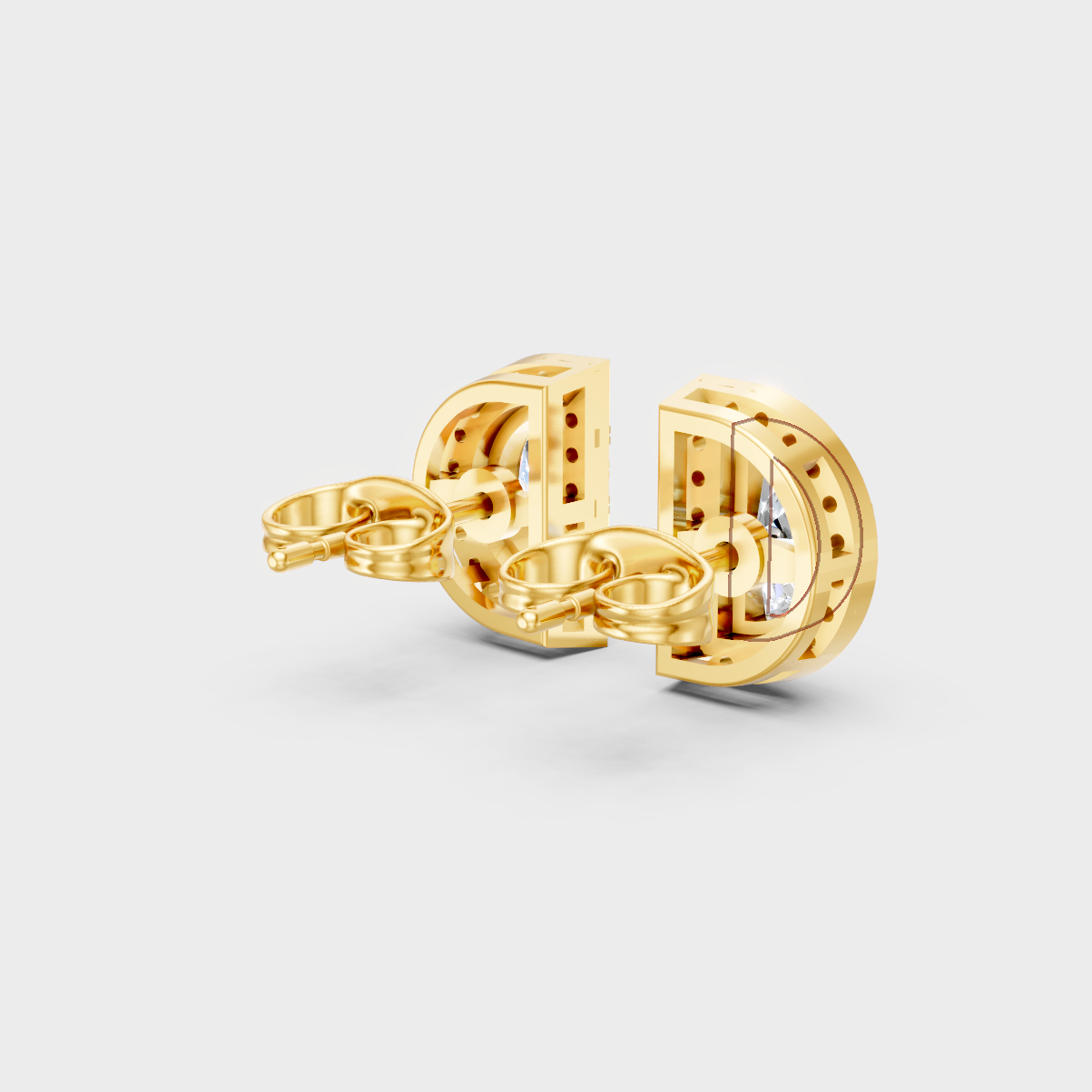 Hallmarked 18K Yellow Gold Stud Earrings With Brilliant Half Moon Lab Diamonds