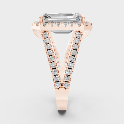 Halo Solitaire Ring In Rose Gold With Emerald Center Diamond