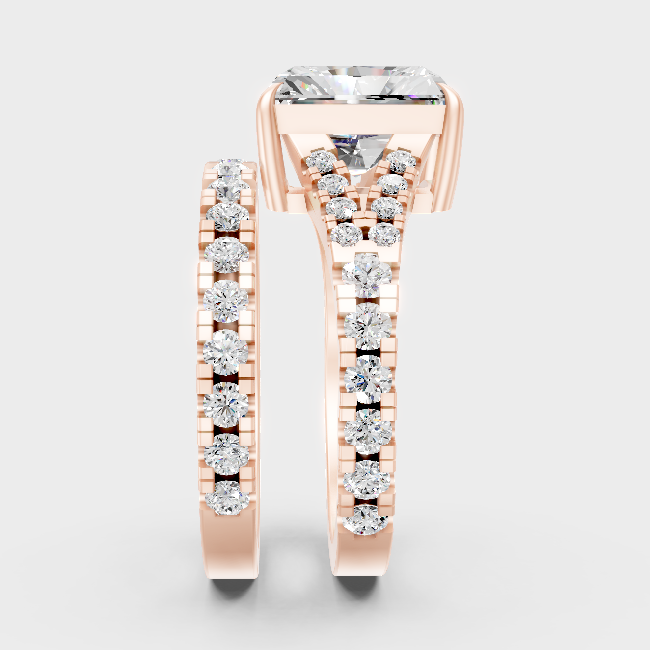 Designer Ring Set In Rose Gold With Radiant And Round Diamonds