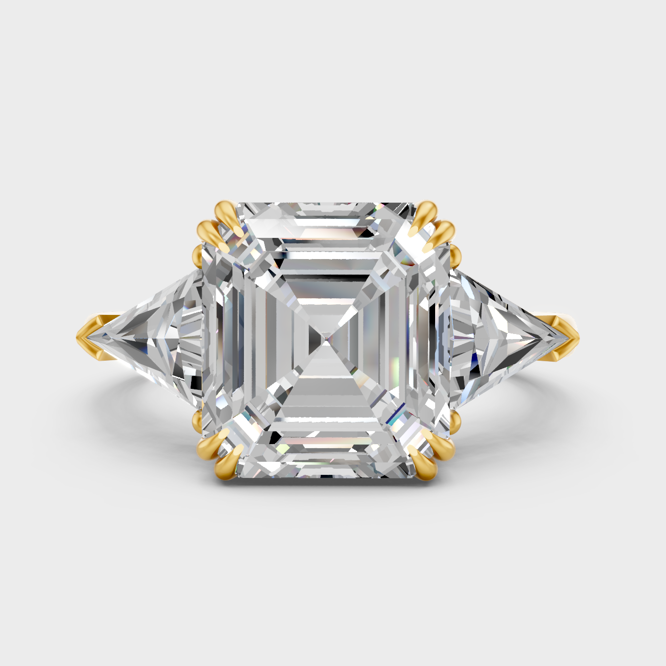 Luxury Square Emerald Diamond Ring In Yellow Gold With Triangle Side Diamonds