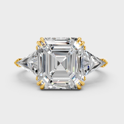 Luxury Square Emerald Diamond Ring In Yellow Gold With Triangle Side Diamonds