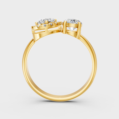 Sustainable Yellow Gold Halo Ring With Pear And Round Lab Diamond Combo