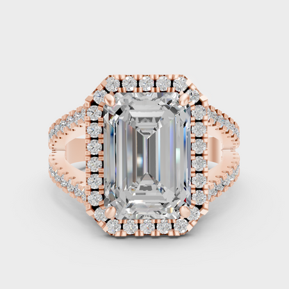 Contemporary Emerald Lab Diamond Halo Ring In Rose Gold