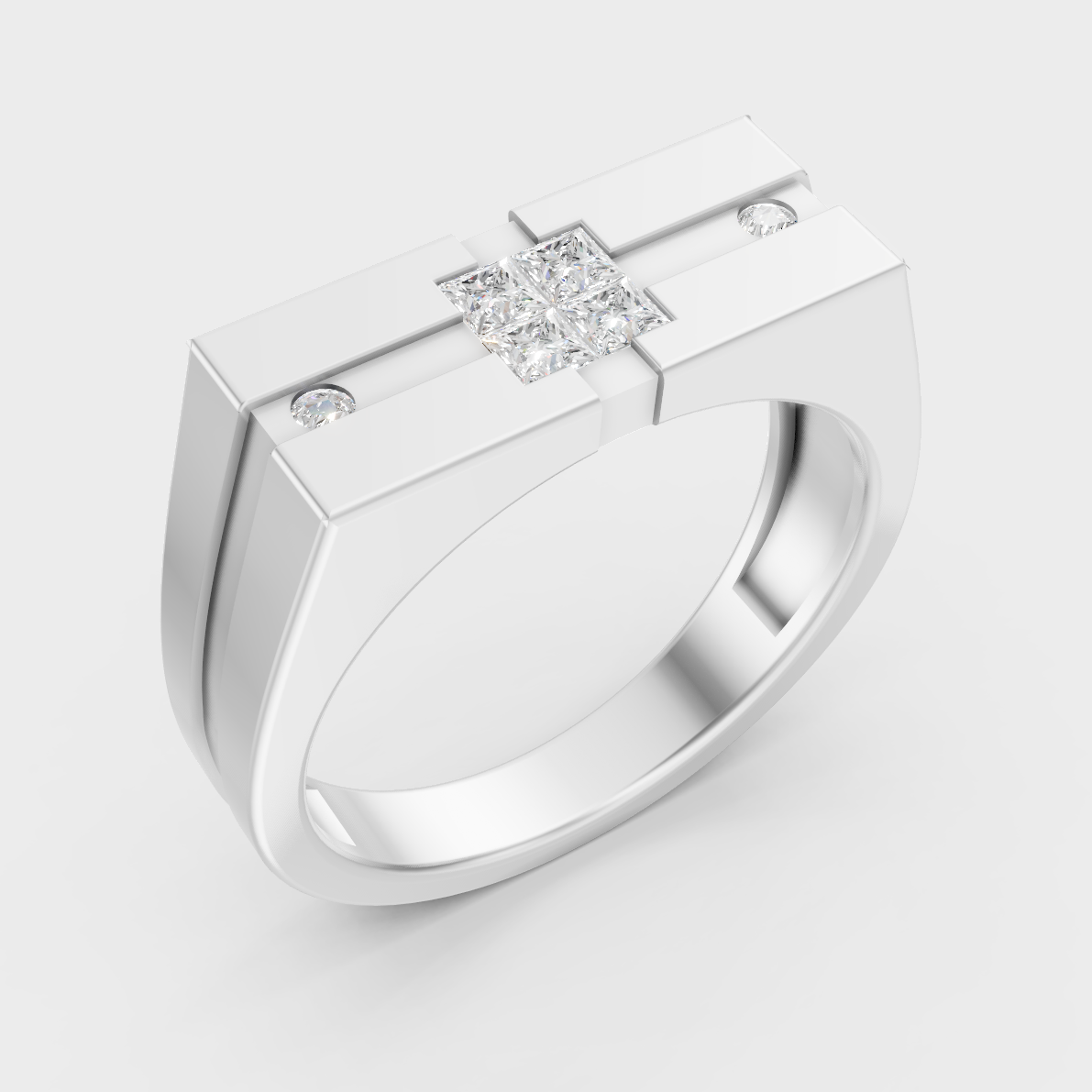 9K White Gold Round And Princess-Shaped Lab-Grown Diamond Men’s Ring With Modern Design