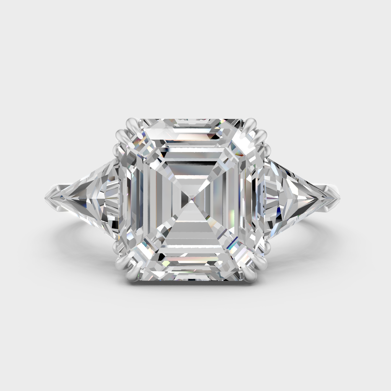 White Gold Square Emerald Engagement Ring With Triangle Diamonds