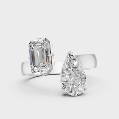 White Gold Emerald Pear Diamond Toi Et Moi Ring Certified Fine Jewelry