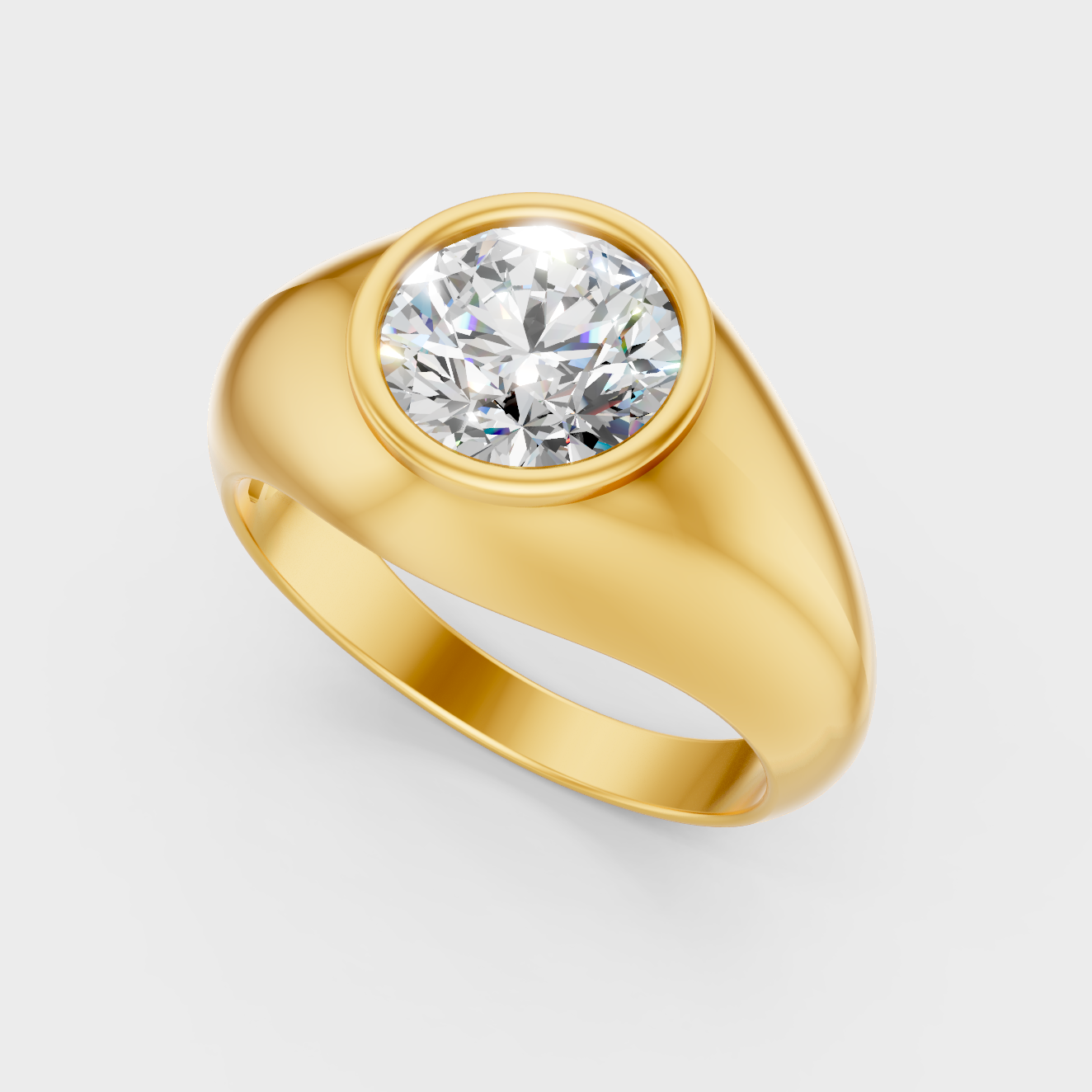 Classic 14K Yellow Gold Men’s Statement Ring Featuring A Round Lab Diamond