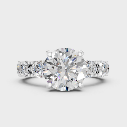 White Gold Round Engagement Ring With Certified Oval Diamonds
