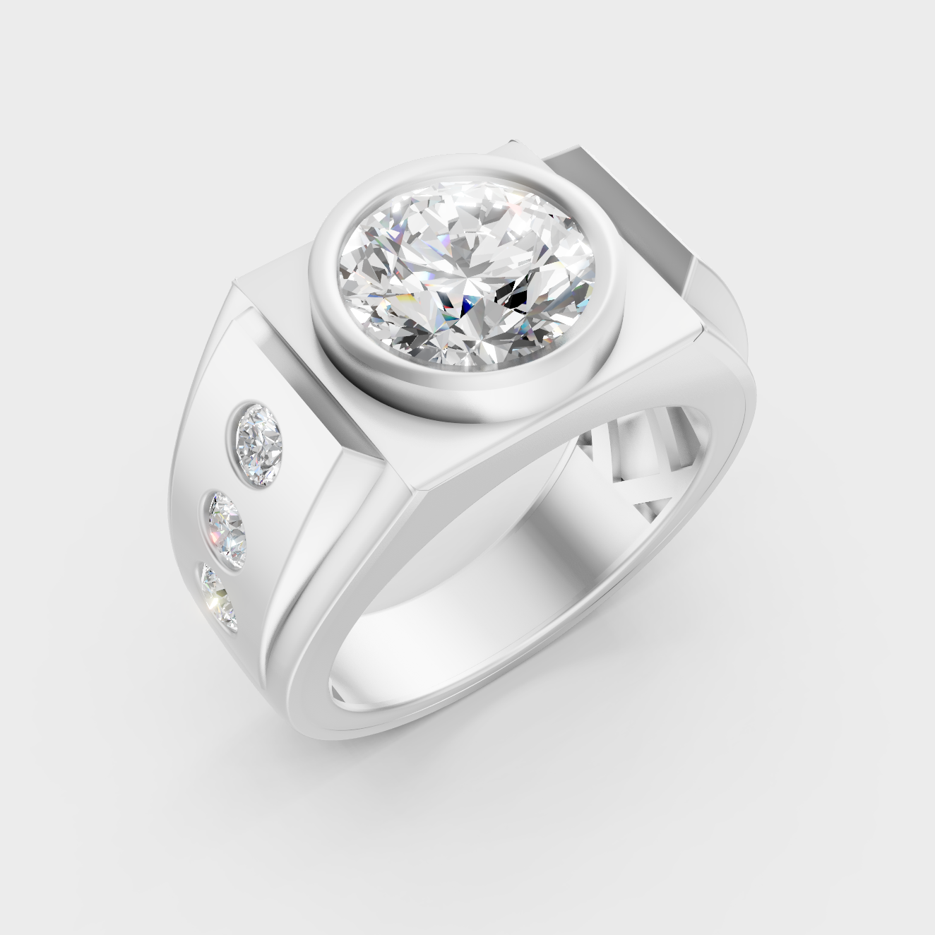 9K White Gold Round-Shaped Lab-Grown Diamond Men’s Ring With Side Stones