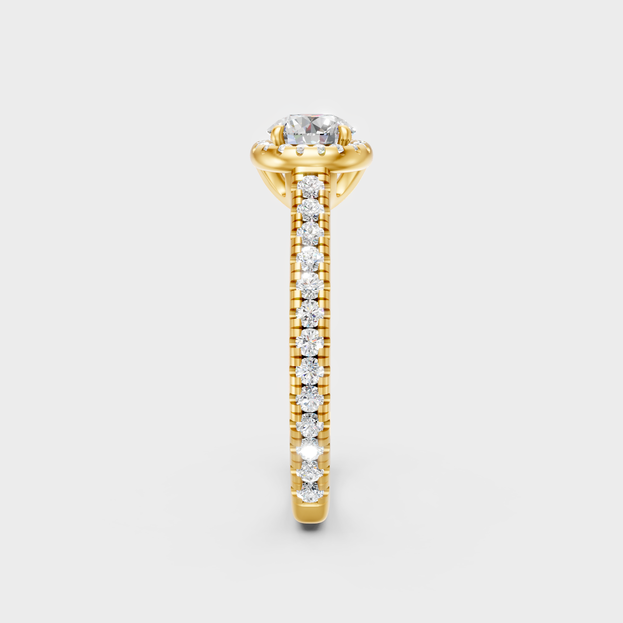 Sustainable Yellow Gold Halo Ring With A Brilliant Igi Certified Round Lab Diamond.