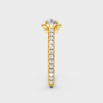 Sustainable Yellow Gold Halo Ring With A Brilliant Igi Certified Round Lab Diamond.