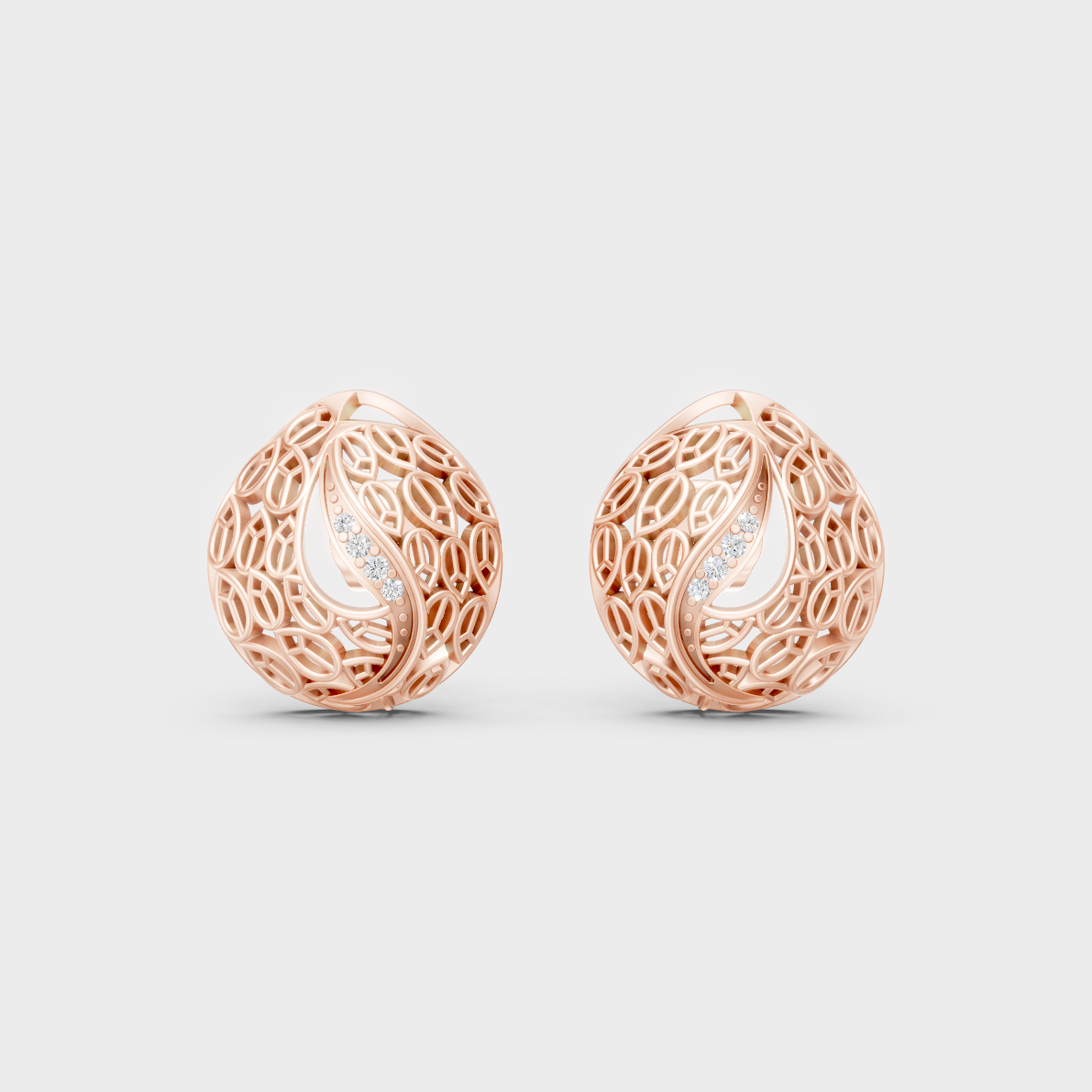 Petite round diamond stud earrings in rose gold on model, ethical fine jewelry style.