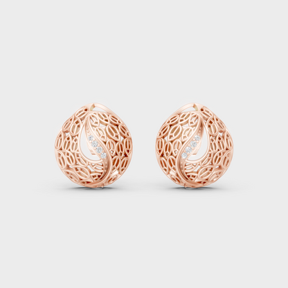 Petite round diamond stud earrings in rose gold on model, ethical fine jewelry style.