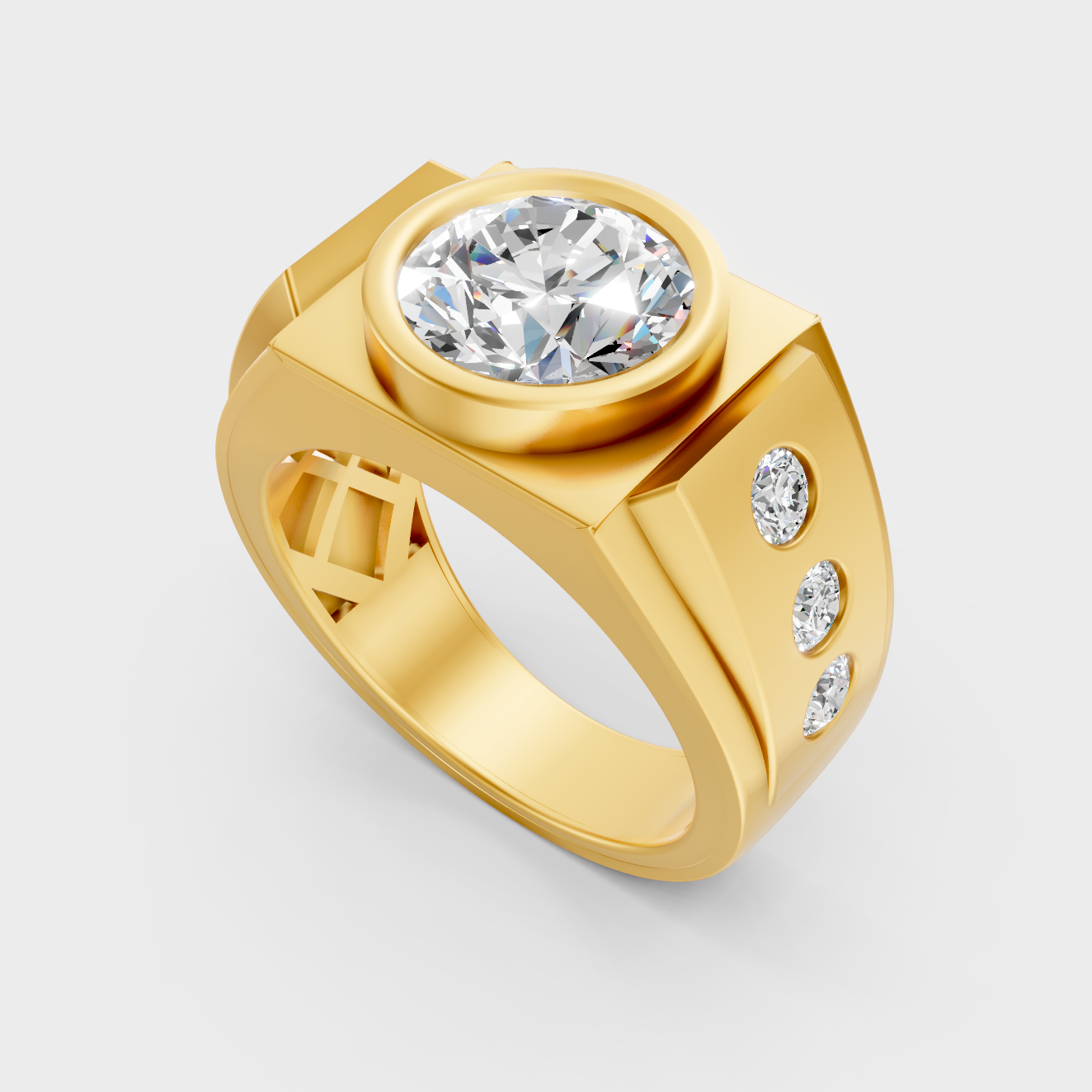 14K Yellow Gold Men’s Statement Ring Featuring A Round Lab Diamond