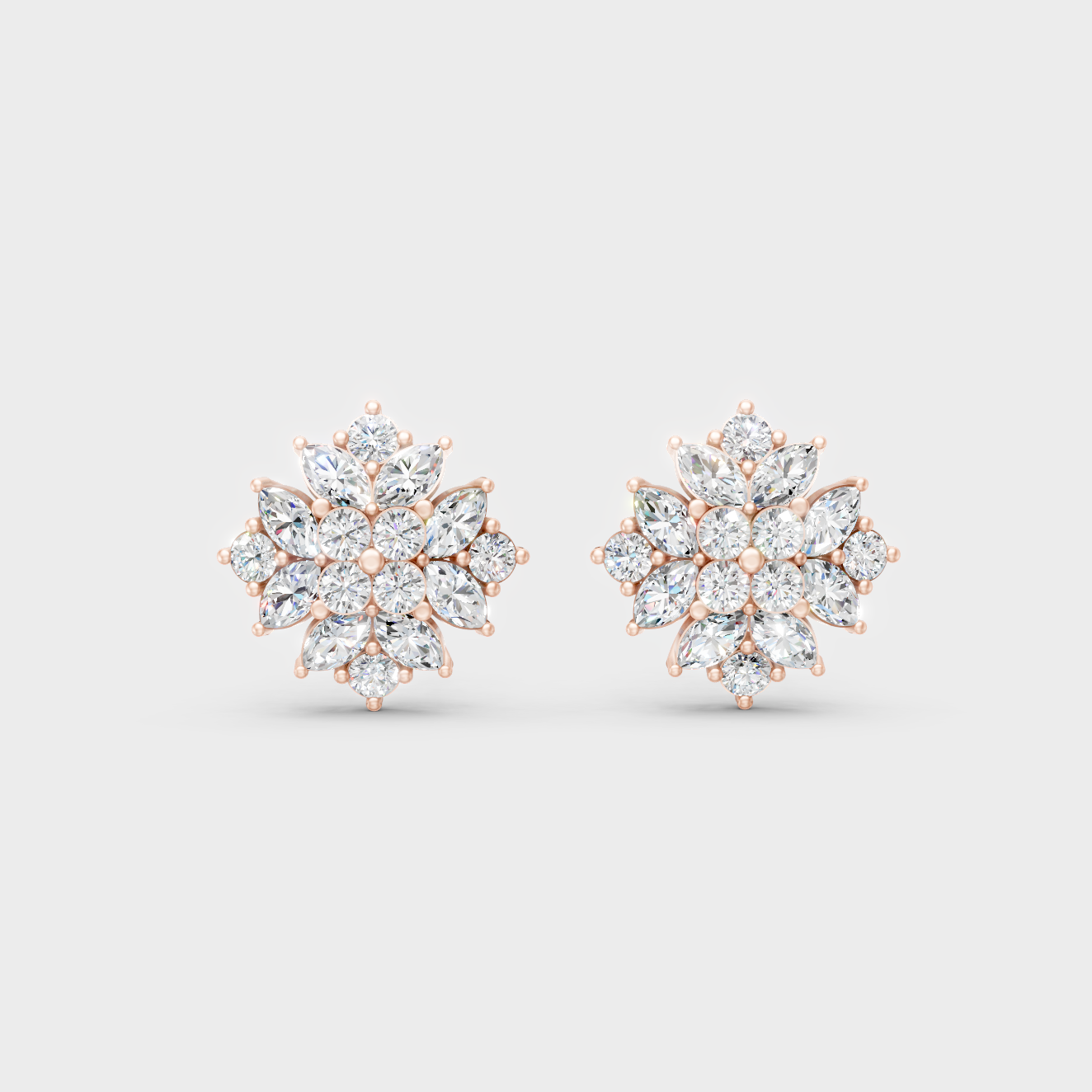 High-Polish Rose Gold 2.6 Carat Total Weight Round And Marquise Lab Diamond Studs For Bold Sparkle