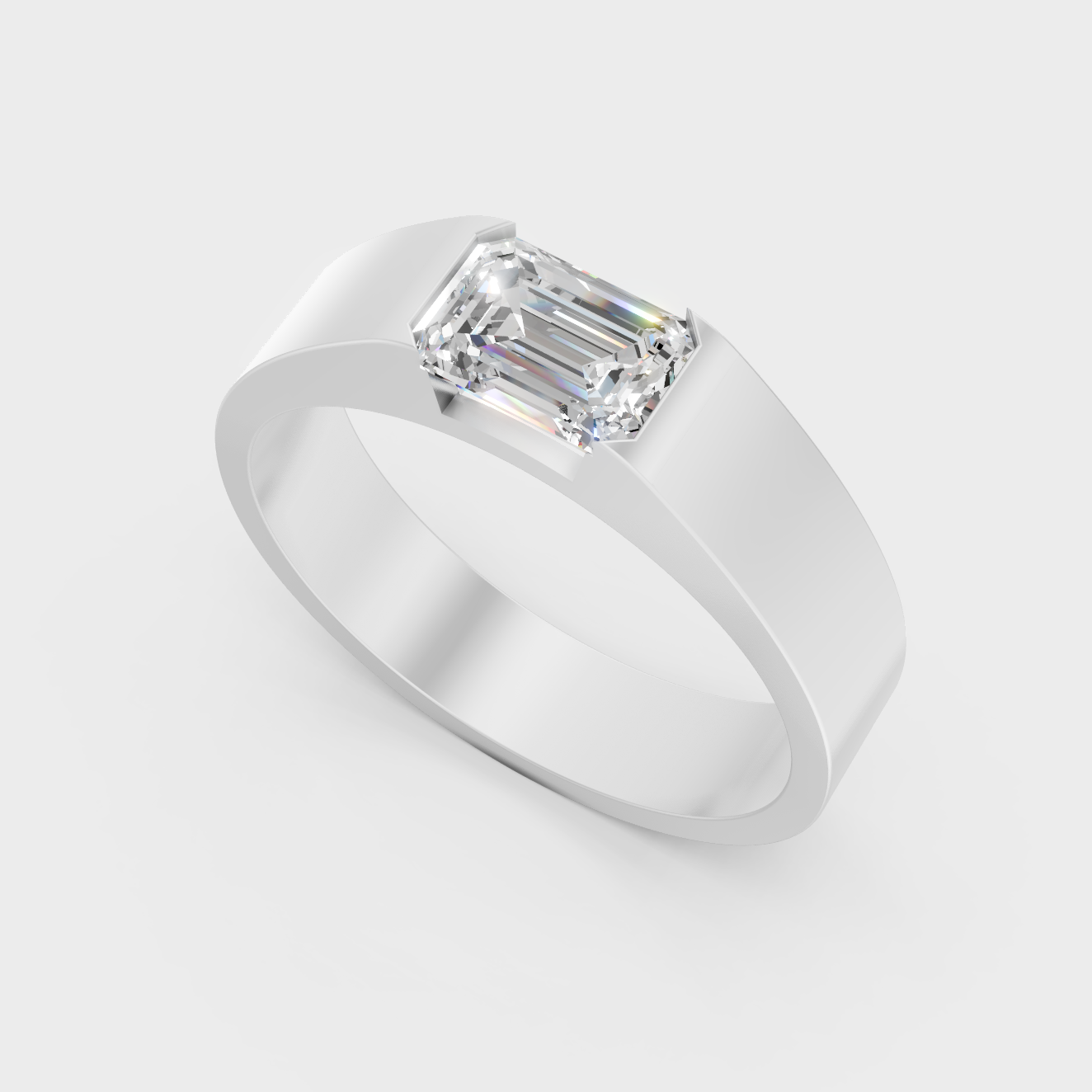Sleek 18K White Gold Men’s Band Featuring A 1-5Ct Emerald Lab Diamond