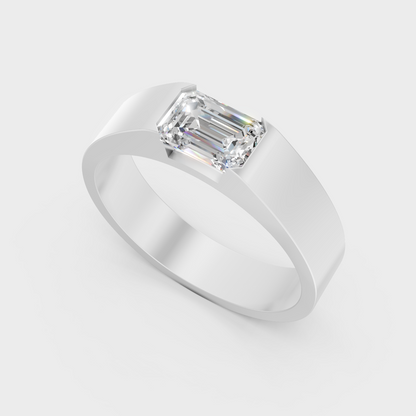 Sleek 18K White Gold Men’s Band Featuring A 1-5Ct Emerald Lab Diamond