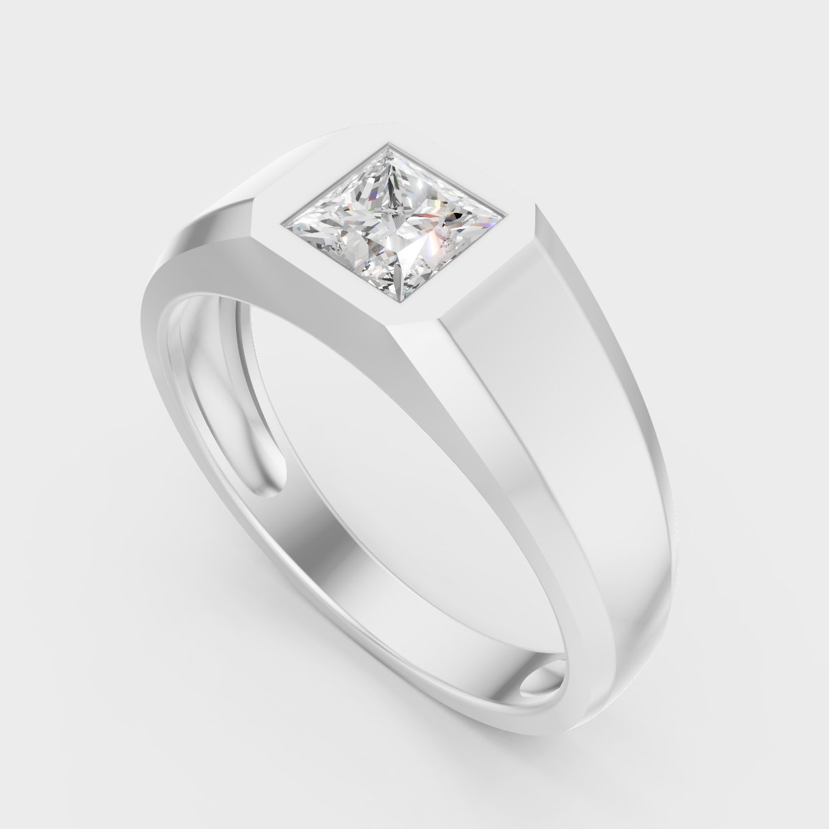 Sleek 18K White Gold Men’s Band Featuring A 0.50Ct Princess Lab Diamond