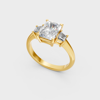 Sleek 18K Yellow Gold Engagement Ring Featuring Radiant And Trapezoid Lab Diamonds