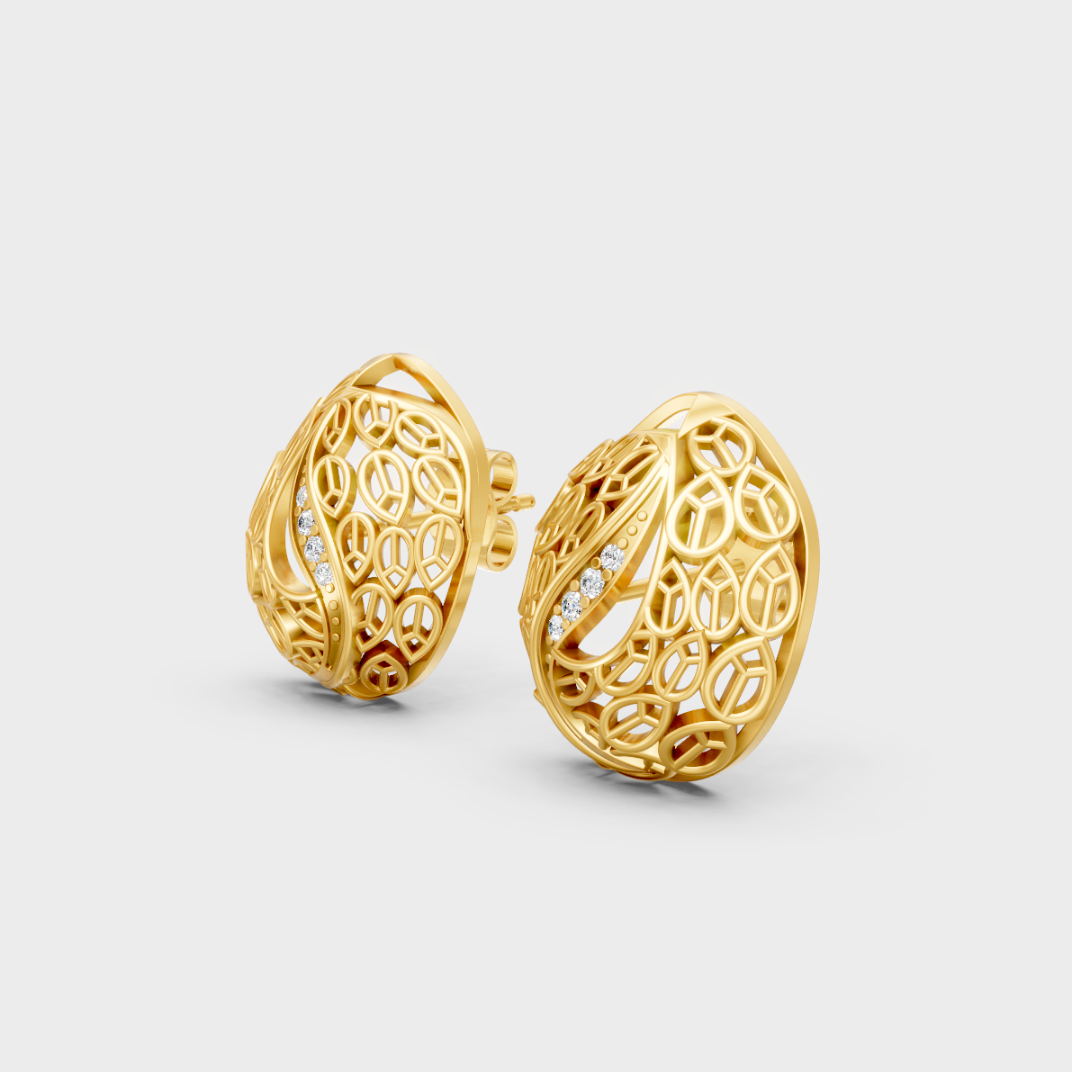 Elegant model wearing petite round diamond studs in yellow gold, sustainable fine jewelry style.
