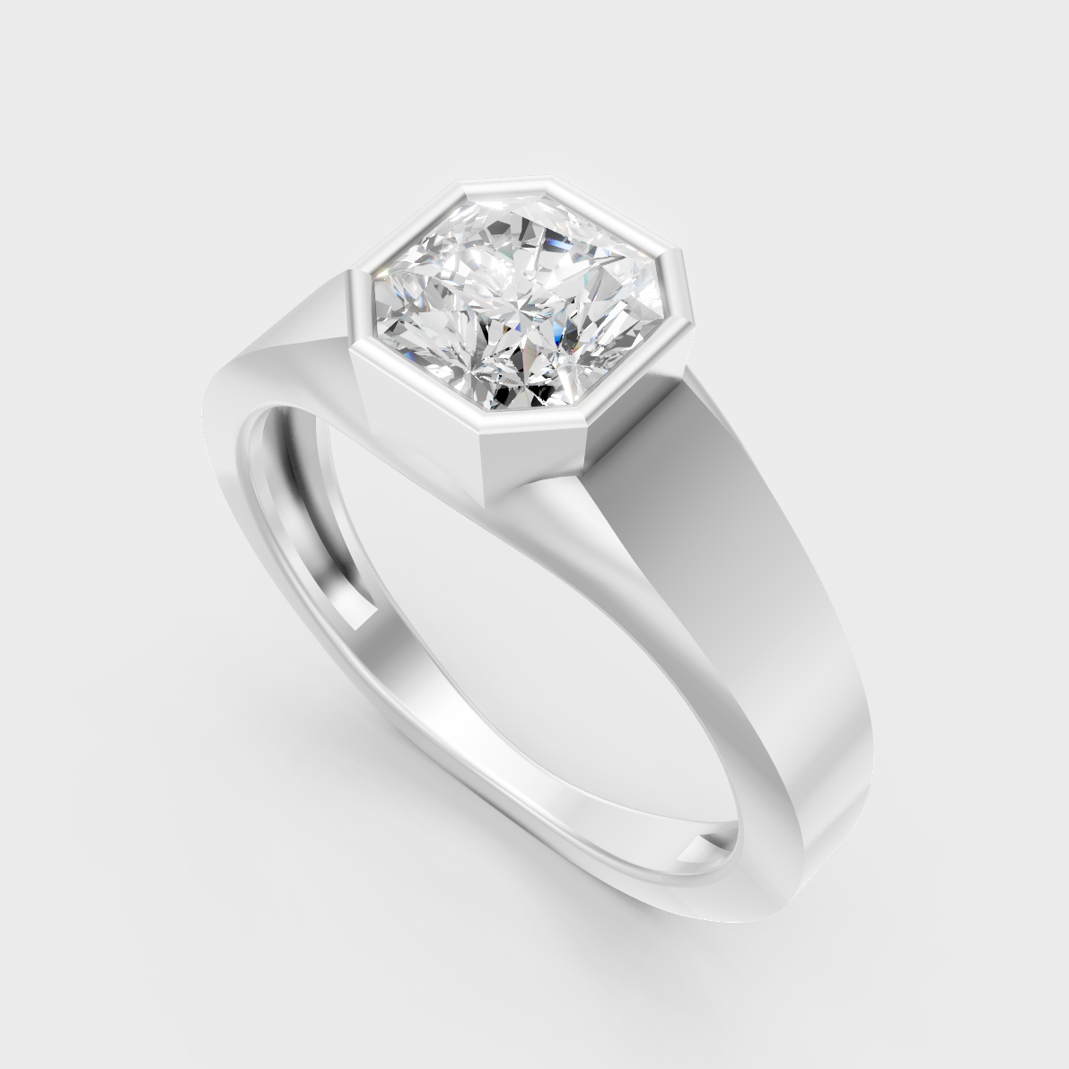 Sleek 18K White Gold Men’s Band Featuring A 1-5Ct Square Radiant Lab Diamond