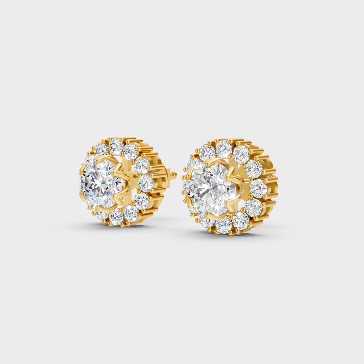 9K Yellow Gold Round-Shaped Lab-Grown Diamond Halo Studs For Ethical Luxury 