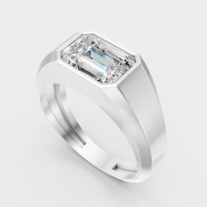 Sleek 18K White Gold Men’s Band Featuring A 1-5Ct Emerald Lab Diamond