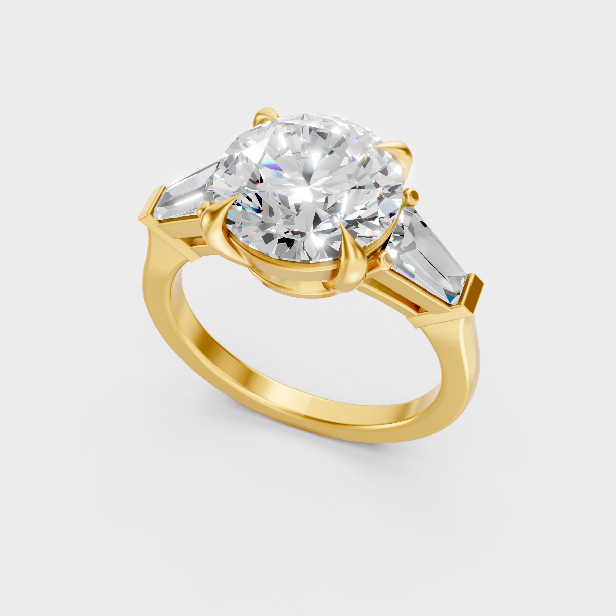 Classic 14K Yellow Gold Three-Stone Engagement Ring With Round And Baguette Diamonds
