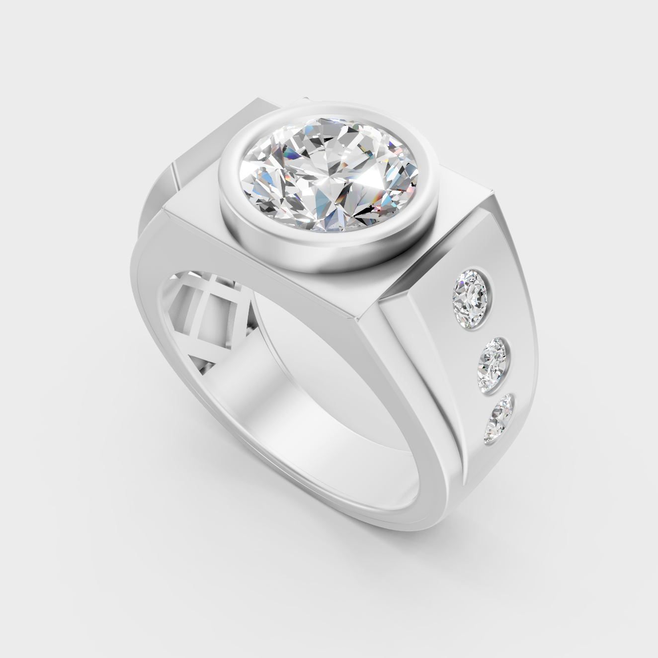 Sleek 18K White Gold Men’s Band Featuring A 1-5Ct Round Lab Diamond