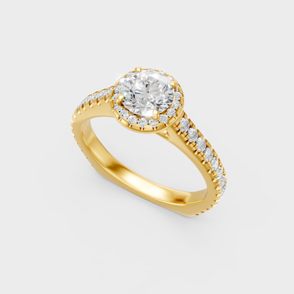 Classic 14K Yellow Gold Engagement Ring Featuring Round Lab Diamond With Halo